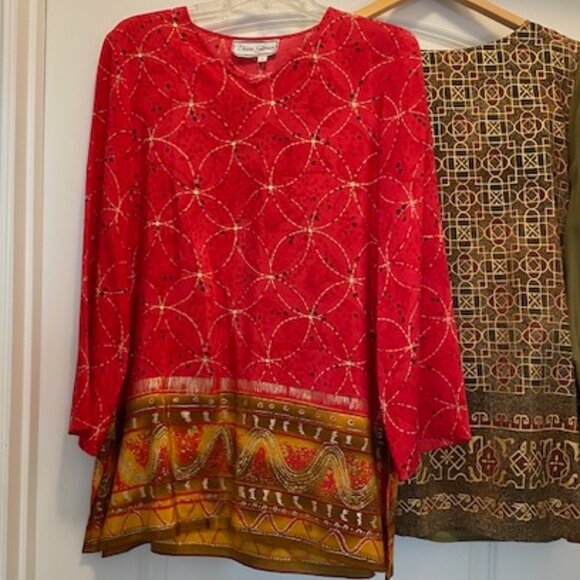 Choice: DIANE GILMAN 100% SILK l/s TUNIC Tops* RED GOLD or OLIVE Green GOLD ~ S - Picture 3 of 14